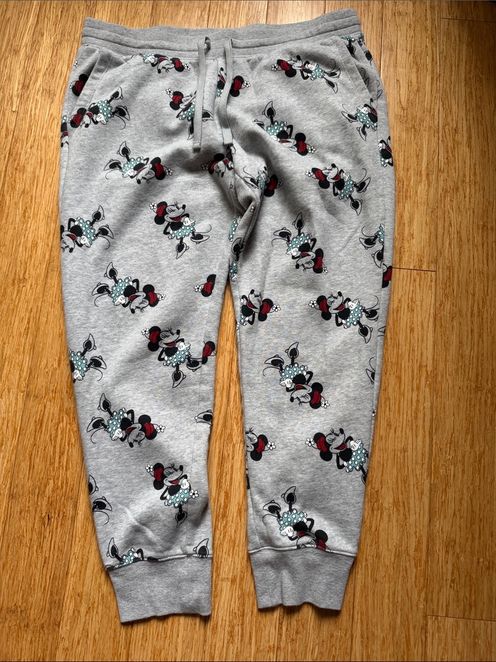 Women’s Disney Gray Minnie Mouse Jogger Pants with Red & Teal Accents Sz L